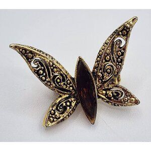 Vintage Butterfly Art Nouveau Brooch Pin With Amber Stone & Filigree Detailing